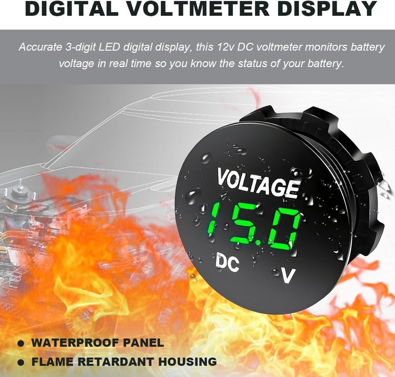 FSTURIOS DC 12V 24 V Voltmeter Gauge, Car LED Digital Display Round Panel Voltage Gauge Meter, Waterproof Mini Volt Tester Battery Monitor Indicator for Car Truck Marine Boat (Green) - Image 5